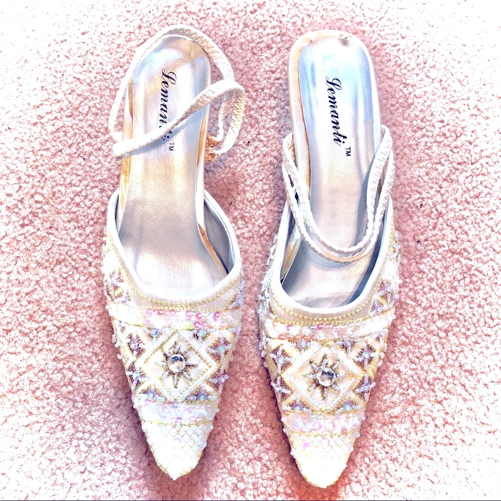 White Closed Pointed Toe Heels with Sequins/Beaded Embroidery
